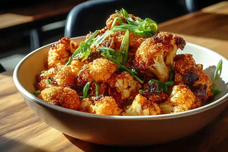 Sweet and spicy roasted cauliflower served on a plate