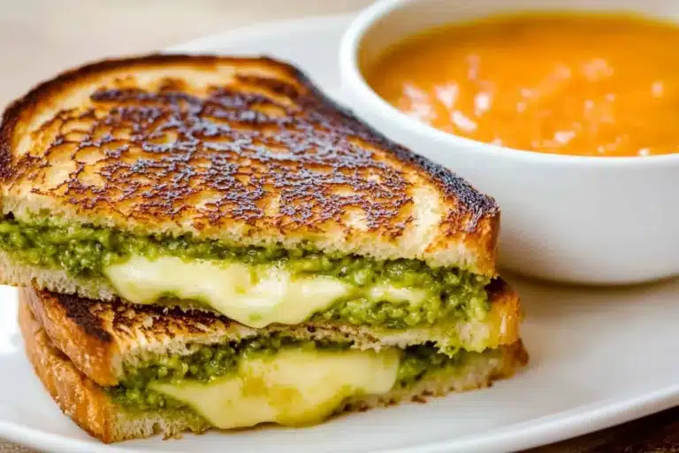 Three Cheese Pesto Avocado Grilled Cheese Sandwich with melted cheese and fresh ingredients