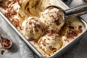 Tiramisu Ice Cream Recipe: A Chill Twist on a Classic Dessert 5 A bowl of creamy tiramisu ice cream with coffee and cocoa powder topping.