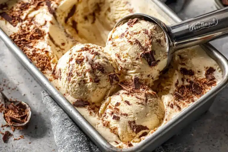 A bowl of creamy tiramisu ice cream with coffee and cocoa powder topping.