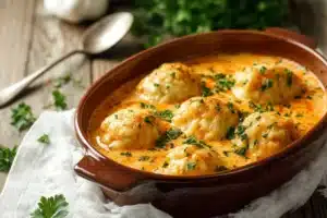 Bowl of tomato soup topped with cheddar bay dumplings