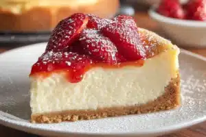 Delicious slice of yogurt cake topped with fresh berries and whipped cream