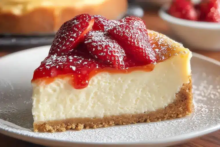 Delicious slice of yogurt cake topped with fresh berries and whipped cream