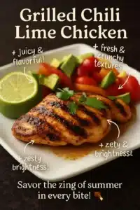 Delicious grilled chili lime chicken garnished with fresh herbs and lime wedges