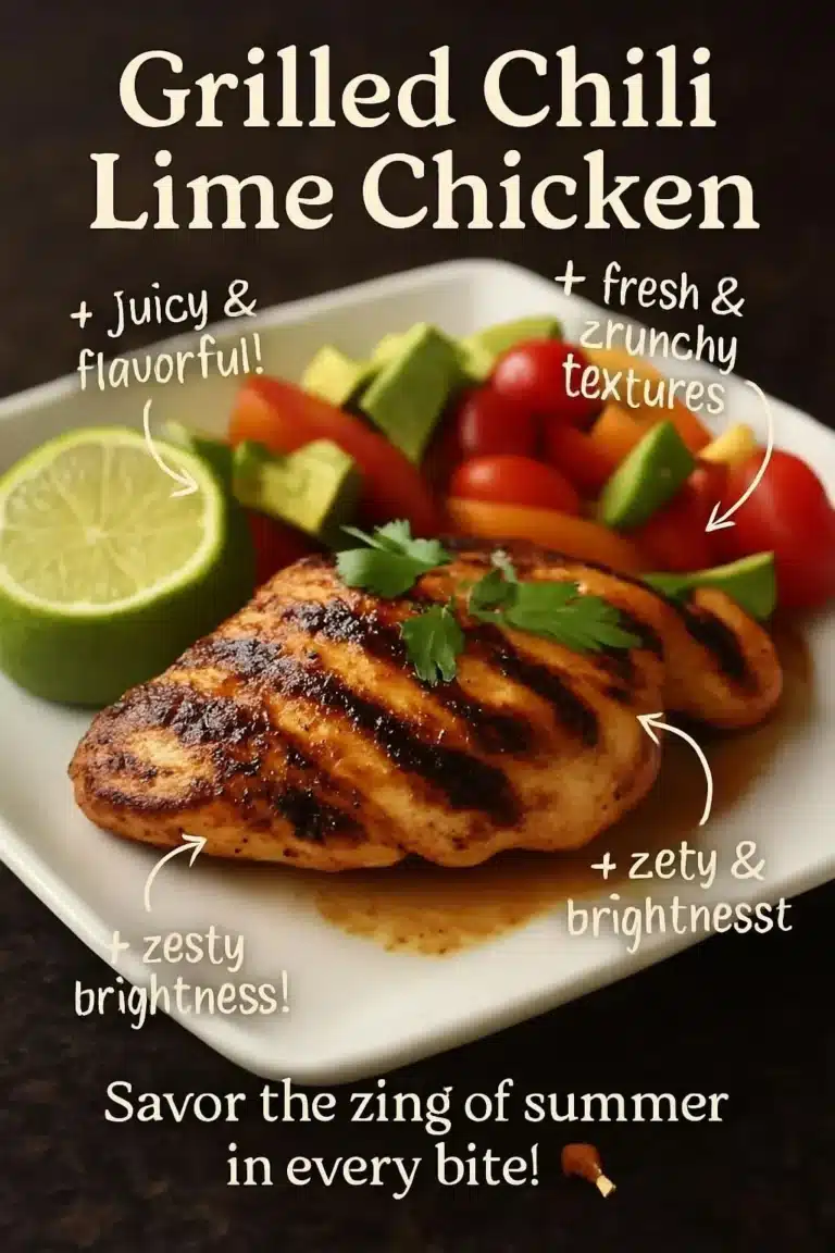 Delicious grilled chili lime chicken garnished with fresh herbs and lime wedges