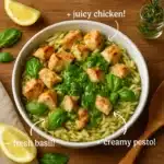 Plate of Lemon Chicken Orzo with Pesto, garnished with fresh herbs.