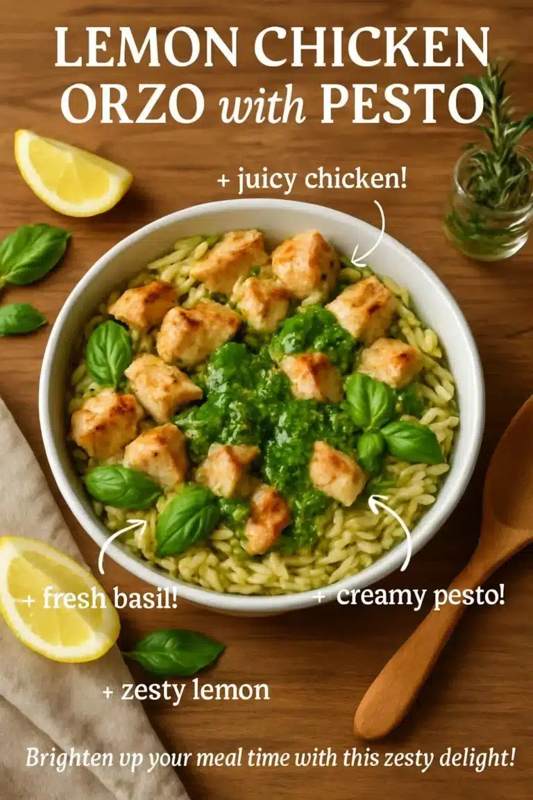 Plate of Lemon Chicken Orzo with Pesto, garnished with fresh herbs.