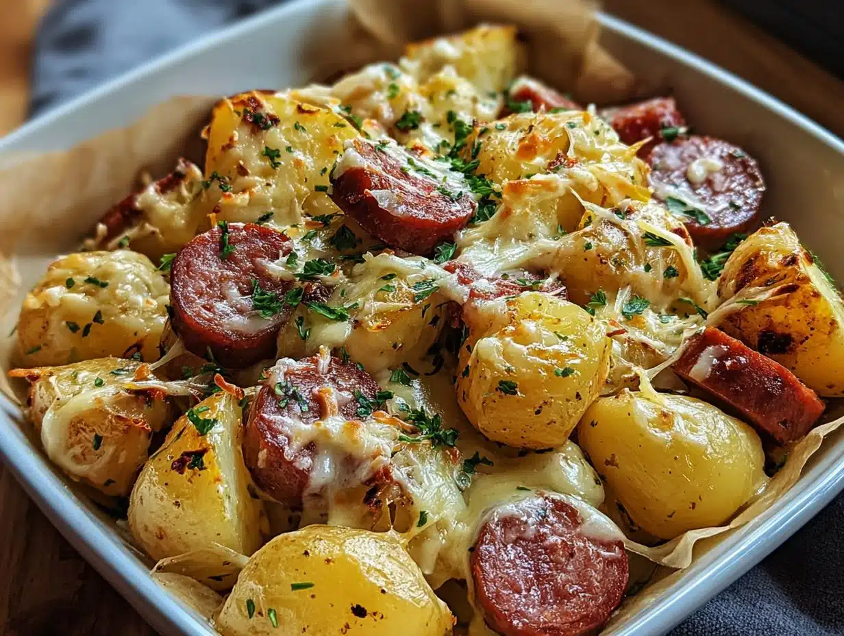 Cheesy Ranch Potatoes Smoked: Seasoned potatoes and sausage in a mixing bowl