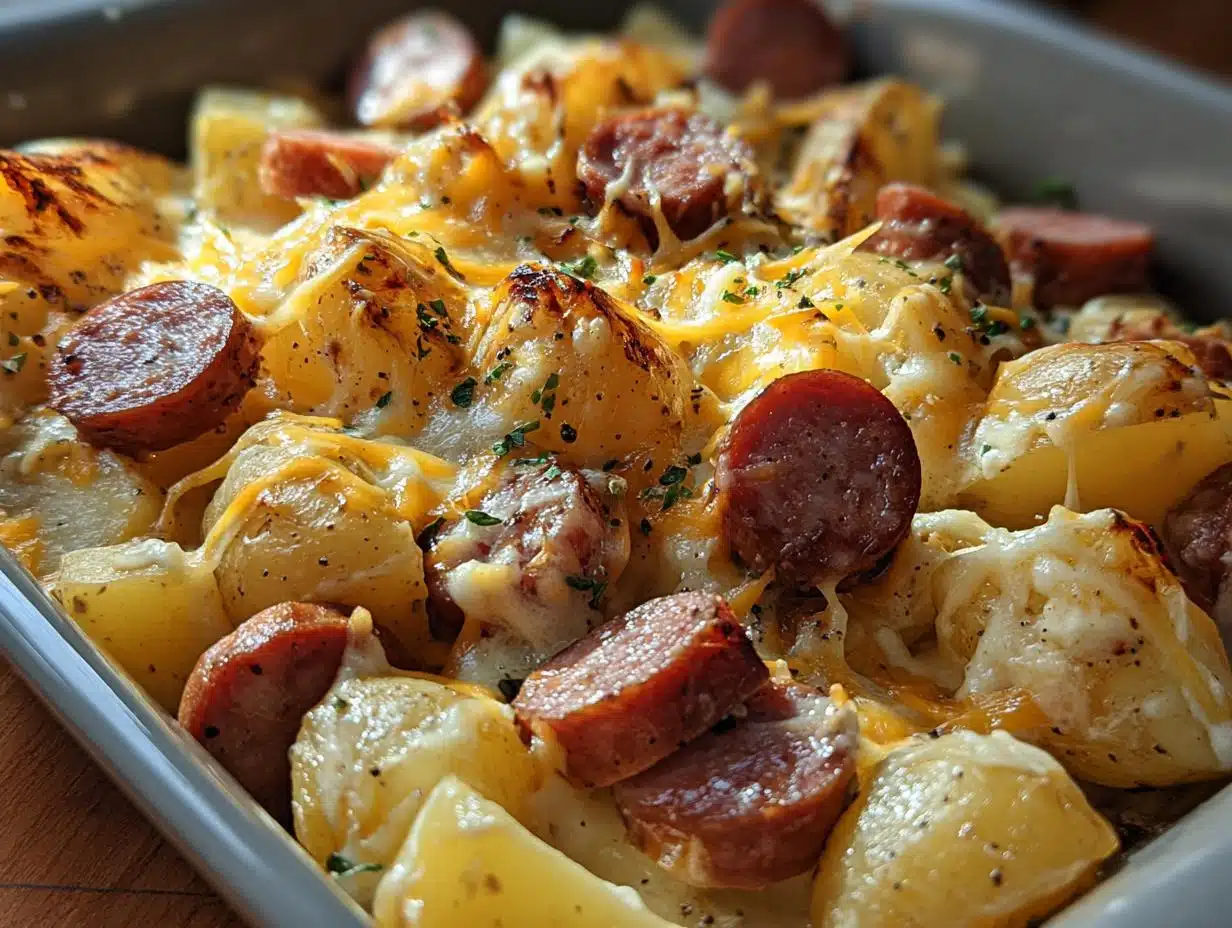 Cheesy Ranch Potatoes Smoked: A close-up of melted cheese on roasted potatoes and sausage