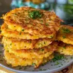 Amish onion fritters served on a plate with a dipping sauce