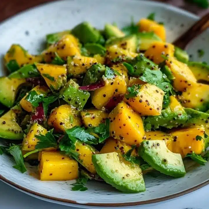 A colorful Avocado Mango Salad with fresh ingredients on a plate