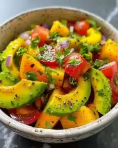 A vibrant avocado salad with fresh ingredients, showcasing flavors and color