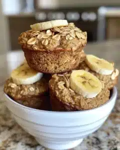 Freshly baked Banana Oatmeal Muffins on a rustic wooden table.