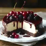 Decadent Black Forest Cheesecake topped with cherries and chocolate shavings