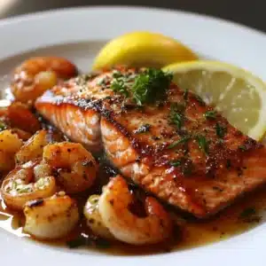 Cajun Salmon and Shrimp 6 Delicious Cajun Salmon and Shrimp dish garnished with herbs and spices