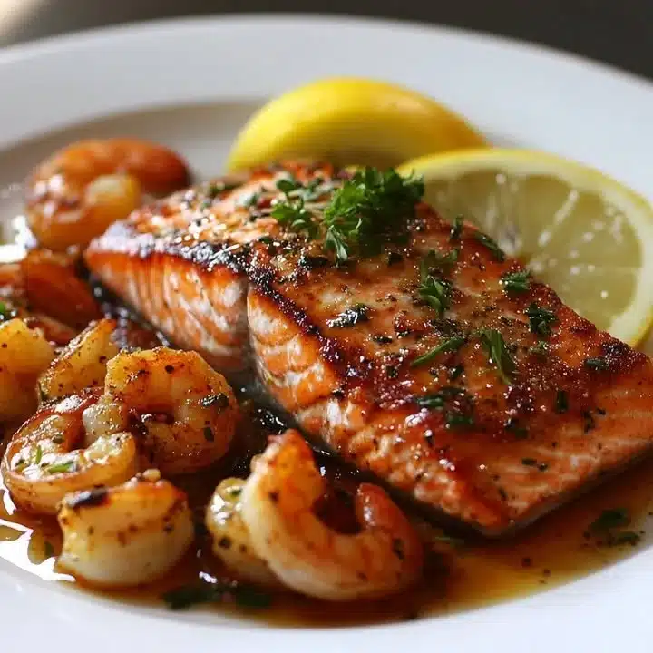Delicious Cajun Salmon and Shrimp dish garnished with herbs and spices