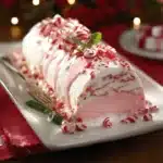 Candy Cane Ice Cream Log dessert with festive decorations
