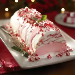 Candy Cane Ice Cream Log dessert with festive decorations