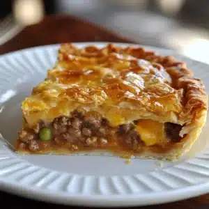 Delicious cheeseburger pie served on a plate with toppings