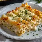 Delicious Chicken Alfredo Lasagna Rolls topped with creamy sauce and cheese