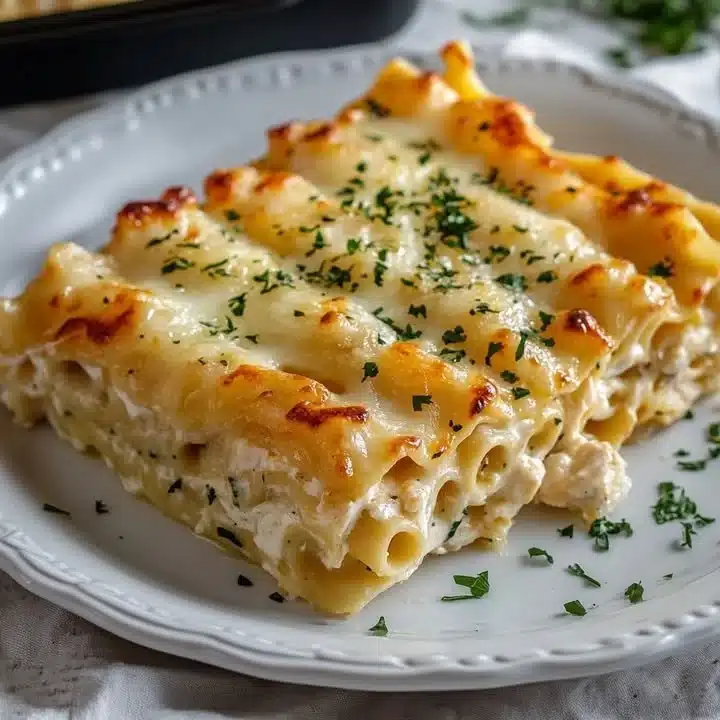 Delicious Chicken Alfredo Lasagna Rolls topped with creamy sauce and cheese
