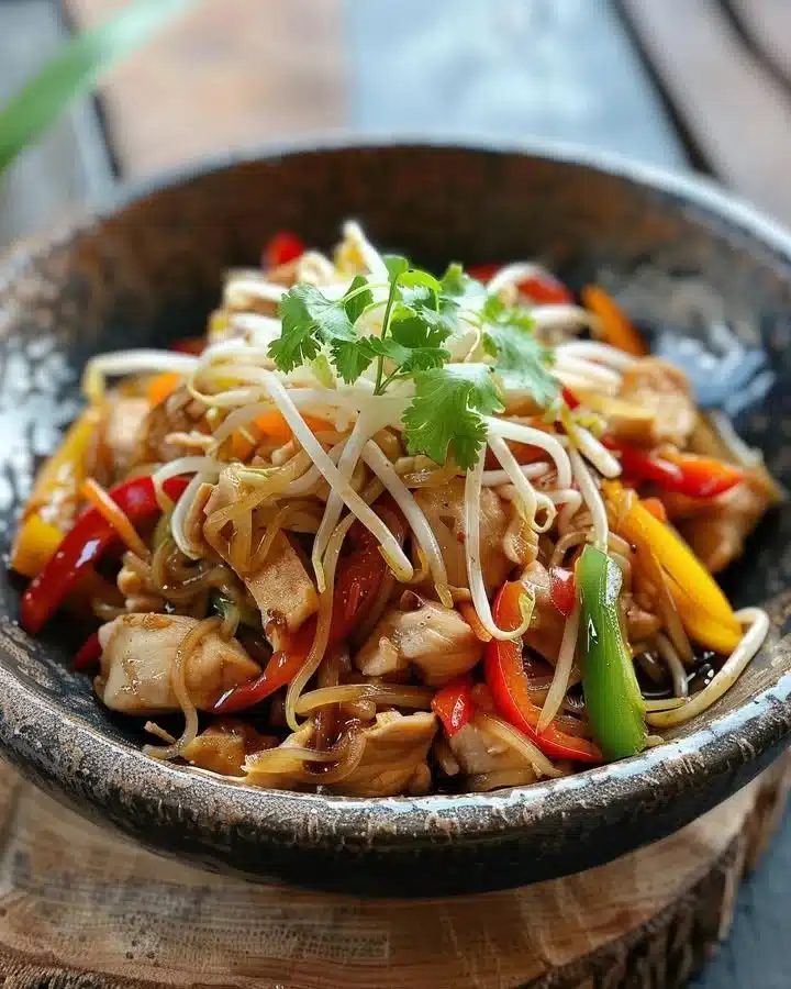 Delicious plate of Chinese Chop Suey with fresh vegetables and meat.