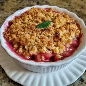 Delicious classic rhubarb crisp topped with a buttery oat mixture