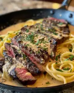 Plate of creamy Cajun Steak Alfredo garnished with herbs