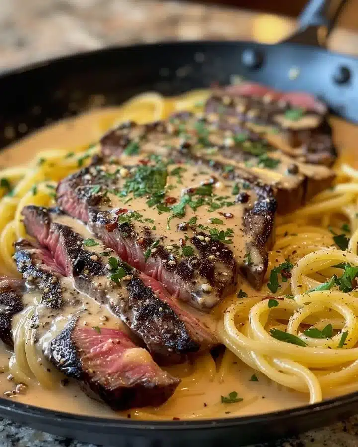 Plate of creamy Cajun Steak Alfredo garnished with herbs
