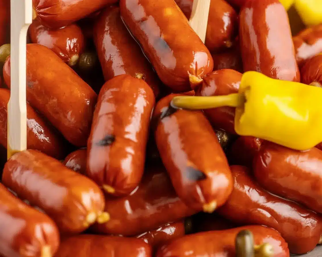 Slow cooker Mississippi Lil Smokies garnished with pepperoncini and served as an appetizer.