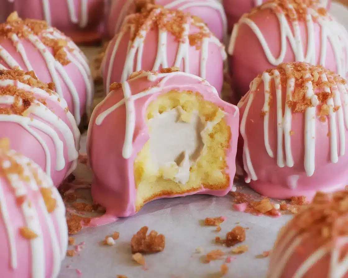 Delicious Strawberry Shortcake Truffles made with golden Oreos, cream cheese, and strawberries.