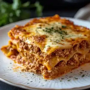 Easy Lasagna Bolognese with layers of meat sauce and cheese