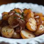 A serving of French Onion Potatoes topped with melted cheese and crispy onions.