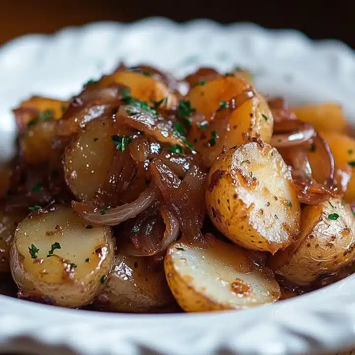 A serving of French Onion Potatoes topped with melted cheese and crispy onions.