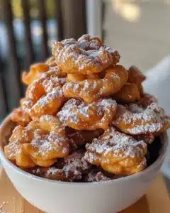 Funnel Cake Bites 3 Delicious funnel cake bites with toppings served on a plate