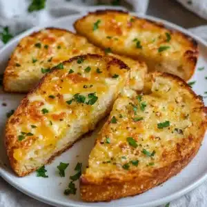 Delicious garlic bread with herbs and butter on a wooden table