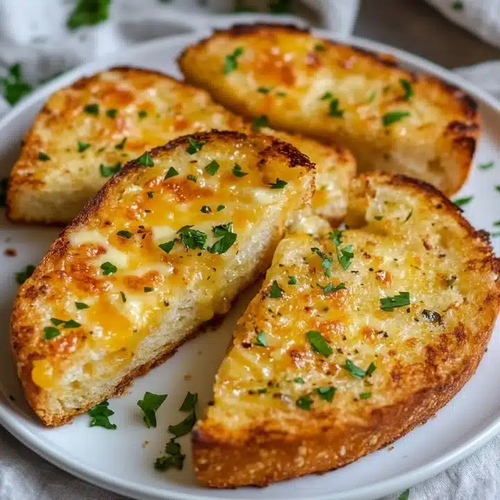 Delicious garlic bread with herbs and butter on a wooden table