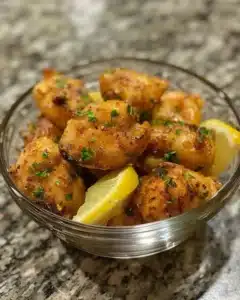 Garlic Butter Chicken Bites 6 Delicious Garlic Butter Chicken Bites on a plate garnished with herbs
