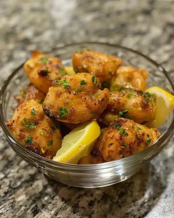 Delicious Garlic Butter Chicken Bites on a plate garnished with herbs