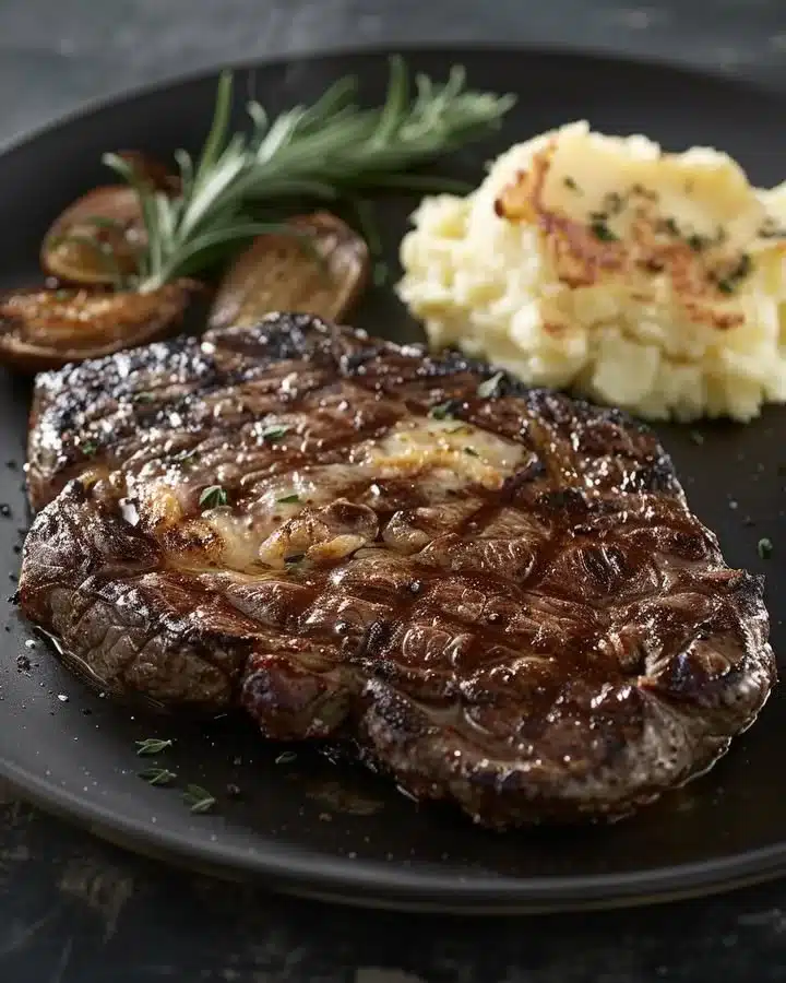 Garlic Butter Steak served with herbs and butter on a wooden platter.