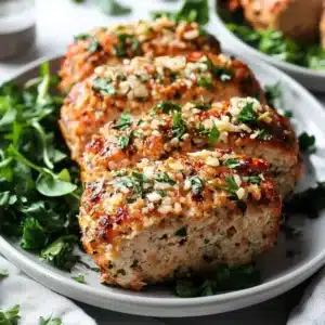 Garlic Parmesan Chicken Meatloaves 6 Garlic Parmesan Chicken Meatloaves served with fresh herbs and a side of vegetables