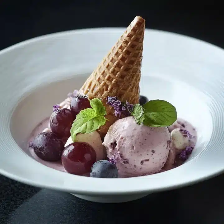 Delicious grape ice cream in a bowl with fresh grapes around it