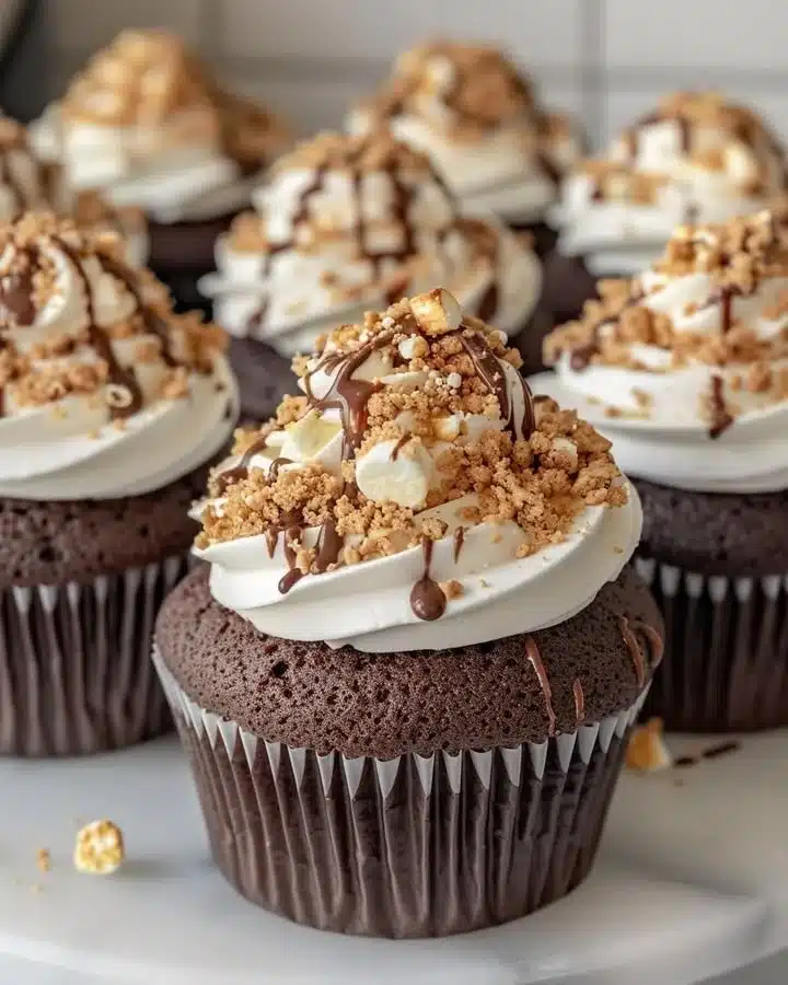 Hershey’s S’mores Cupcakes with chocolate frosting and graham cracker crust