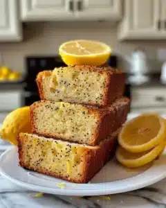 Freshly baked lemon poppy seed loaf on a wooden table