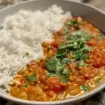 Bowl of creamy Lentil Coconut Dahl garnished with herbs and served with rice.