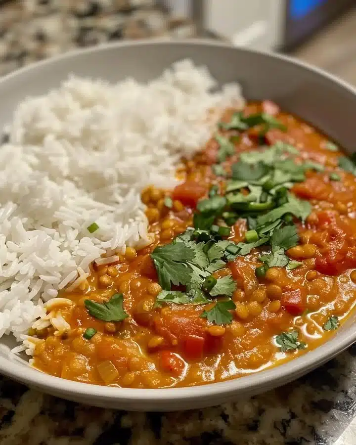 Bowl of creamy Lentil Coconut Dahl garnished with herbs and served with rice.
