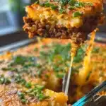 Loaded Potato Meatloaf Casserole topped with cheese and scallions