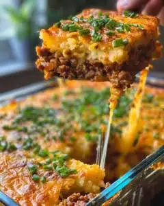 Loaded Potato Meatloaf Casserole topped with cheese and scallions