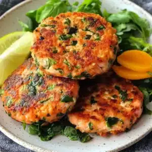 Plate of Mediterranean salmon patties with herbs and lemon