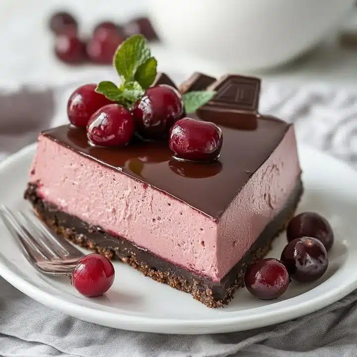 Delicious slice of no-bake cheesecake topped with fresh berries